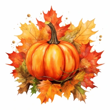watercolor pencil sketch: shabby chic autumn orange pumpkin surrounded by maple leaves clipart ,isolated on white background, HD