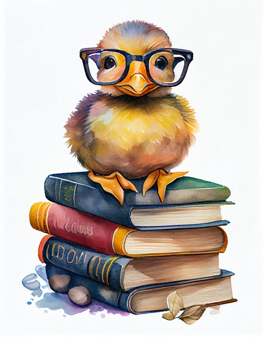 detailed watercolor kawaii duck with eyeglasses and pile of books beside it, facing front, isolated on a white background, clipart