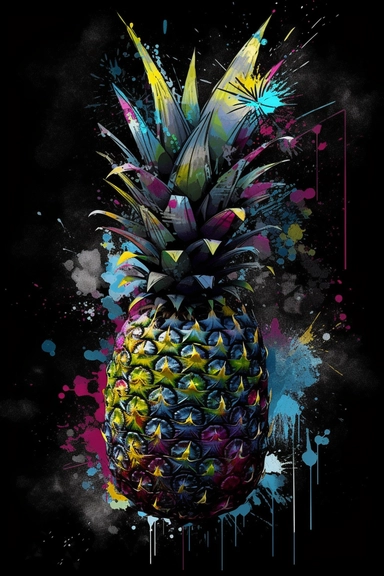 pineapple, clipart artwork print, a visually striking fusion of saturated colors like lime green, dazzling purple, and bold teal on a black canvas, chaotic elements blending seamlessly into an unexpectedly coherent design, showcasing the beauty of controlled chaos in wearable art