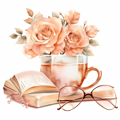 Watercolour rose gold and pastel detailed 3d Handheld Floral Book reading lover, coffee mugs and glasses, surrounded by beautiful roses and Swarovski crystals and diamonds, svg clipart style, solid white background, clipart element, clipart style highly detailed beautiful