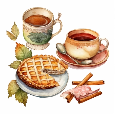 Watercolor illustration of a pie, tea and leaves, in the style of white and amber, knitted and crocheted, handcrafted objects, spiral group, cabincore, smooth and shiny, konica big mini , style by Lucy Fleming, watercolor, smooth gradients, black contour outline, ultra detailed, clipart elements, delicate pastel colors, solid white background, super clear, high quality