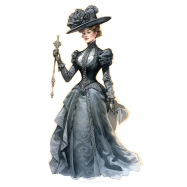 A Victorian lady in a victorian outfit. Her poised expression and magnetic gaze draw you into her world of Victorian splendor. Against a white background, the intricate details of her attire, including the flowing silhouette and intricate drapery, are depicted with exceptional detail and lifelike realism. Clipart, watercolor, white background, intricate detail, unreal engine cinematic smooth