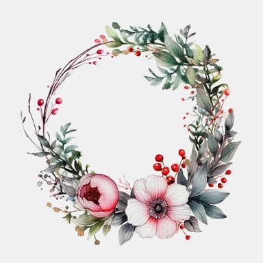 Springwood circle flower Christmas watercolor composition with twigs on a white background. wreath, frame, and border. Greeting card, poster, banner with space for text CUTE STICKER Frealistic cartoon in 32K UHD cute. 15 cm thick outline. Black color. There was no shadow on the ground. 8k with realistic watercolors and detailed illustrations. PNG clipart, transparent white background