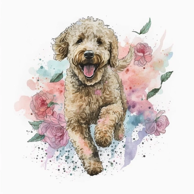 clipart goldendoodle running with roses collar water color pastel colors