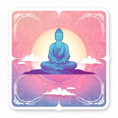 zen style sticker, pink purple and light blue, white background, zen vibes, clipart style, square
