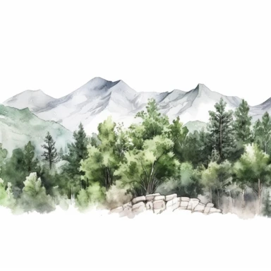 Watercolor wide mountain scene with trees, beautiful details, ultra detailed, ultra photo real intricate detailed, high definition, graphic clipart, hyper realistic, detailed, white background