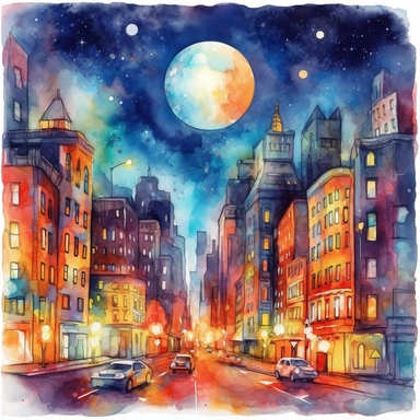 clipart style, watercolor scene of An immersive image of a moonlit cityscape showcasing a vibrant downtown area with bustling streets and colorful lights. The moon adds a touch of magic to the scene, casting a gentle glow over the city and inviting viewers to explore its nighttime allure, HD, on white background