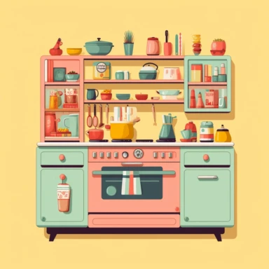 kitchen cabinet, mood, clipart design, clipart, vintage colors, small detail, retro, minimalist, Wes Anderson color