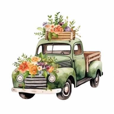 Watercolor Flower Truck Clipart Floral Truck Vintage Truck Clipart Junk Journal Farmhouse Clipart Floral Truck watercolor floral in bonnet or back