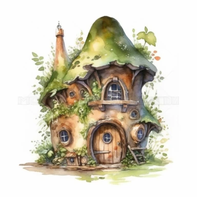 watercolor clipart of a tiny elf house with small details, magical mystcal, high quality watercolor image on white background