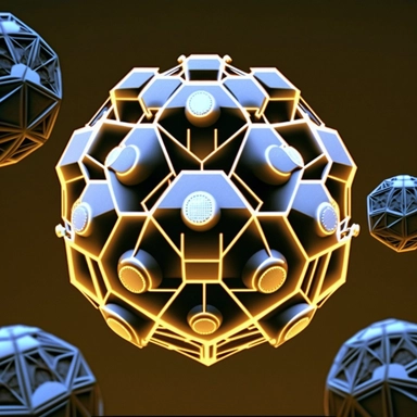 futuristic factory polyhedron shape 3d clipart crowded superintelligent technicians big ayes computer screens microchips microphones gold electric plasma sparks many spherical rooms music video busy