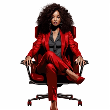 a clipart black sucessful woman in a red suit sitting down looking in the camera on a chair in a office with long curly human hair, photoshoot ( empowered)