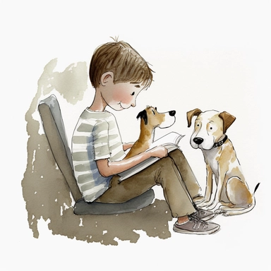 a dog sitting next to a young boy reading a book, very detailed face, watercolor and ink drawing, clipart, happy, gentle smile, beautiful watercolor ink wash coloring, thick pencil lines, Jon klassen, Adrian tomine, popular on etsy, watercolor illustrations clipart, watercolor illlustrations for kids and children, book illustrations, plain white background