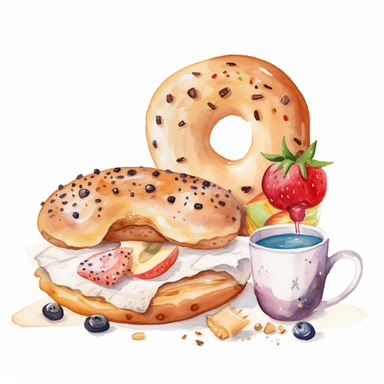 breakfast bagel, cottagecore, whimsical, folk illustration, white background, clipart