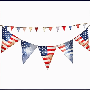 Clipart of a very detailed triangle buntings with the american flag pattern, surrounded by white background, wide shot, very detailed, watercolor illustration, white background, cinematic, high quality, 32 k,