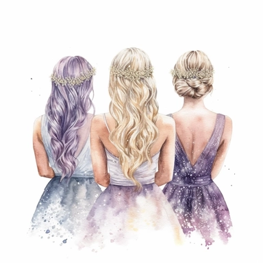glamour glitter half body wide shot, watercolor white wedding dress bride wedding hairstyle with beautiful gold headpiece clipart, + two bridesmaids in purple dress, hd, isolated on white background, spaced out ar 3:2