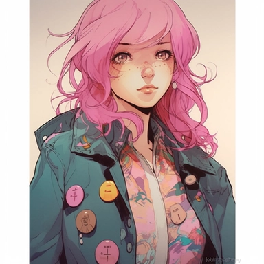 clipart, flat, illustration of a beautiful girl, use light baby colors, wearing jacket with many cute and funny deign buttons, pink hair, great lightning, extremely detailed girl, solo, sharp focus, standing, light smile, closed mouth, highres, jewelry, looking at viewer, very long hair final fantasy xivbeautiful detailed eyessurrealism and comic books by Paul Davey