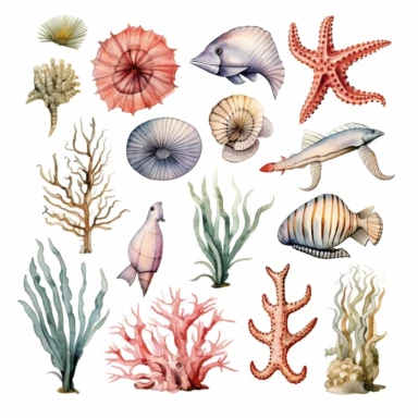vintage nautical clipart, watercolors, sea creatures, ocean, nautical wedding style, isolated on a white background,