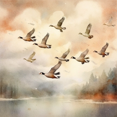 a flock of geese fly in a V-formation in a wintry sky, clipart, hd, winter background, watercolor style--ar3:2--s1000