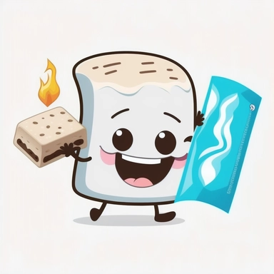 marshmallow on fire and smiling while holding a chocolate bar and graham cracker, cartoon clipart, sticker, white background