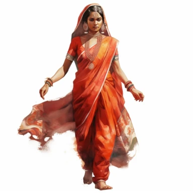 watercolor style, full body view, beautiful woman from India wearing traditional clothes, very detailed, realistic, clipart, isolated on white background, 4K