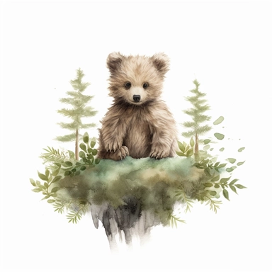 baby brown bear,neutral nursery art,cute bear, Baby attire,intricate,disney, baby light green,baby light blue, baby light ocher,hairy, cotton, beautiful trees,enchanted Forest,realism, watercolor painting, enchanted Forest, solid background, white background, vintage outfit, oil painting, photobashing, tattoo design,clipart--v 5