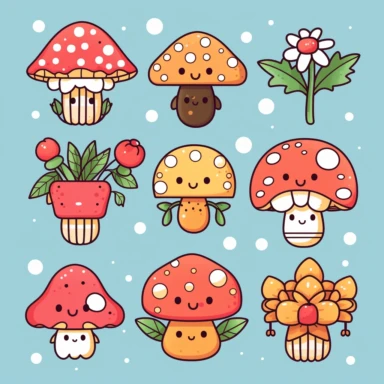 Create a Kawaii-inspired clipart set that celebrates the magic of nature. Design adorable critters like smiling mushrooms, happy clouds, and cuddly flowers. Let the elements be full of life and joy, with vibrant colors and soft, rounded shapes. Add tiny details like rosy cheeks, shiny eyes, and little bows to bring your Kawaii characters to life. Your clipart will transport viewers to a world of cuteness and wonder. Kawaii. White background, soft lighting.