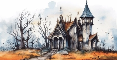 Abandoned haunted house and graveyard, ornamental watercolour clipart, I can't believe how beautiful this is