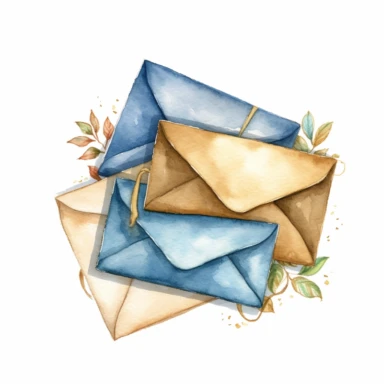 Watercolor cute mail clipart. brown blue beige white background