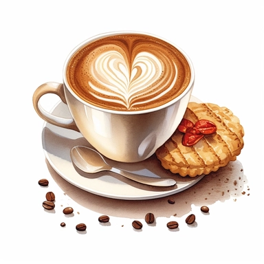 Isometric illumination of commercial shot of ultra - realistic watercolor painting of a really delicious coffee with a biscuit, cappucino art heart clipart, good looking food, delicious, yummy, foodie, healthy, white background no text, isolated on white, watercolor illustration, award winning, strong and sharp lines, upscale
