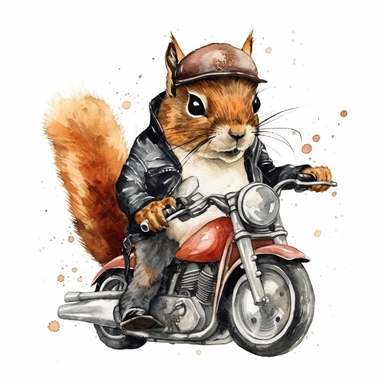 squirrel riding on harley davidson, motorcycle gang outfit, handpainted,watercolor, vector, clipart, clean white background