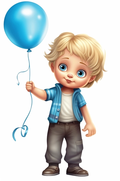 hp clipart,super cute 2 year old boy dressed in light summer clothes holding blue balloons in his hand, big blue eyes, blond hair, on white background, vector , fully detailed, full body figure view