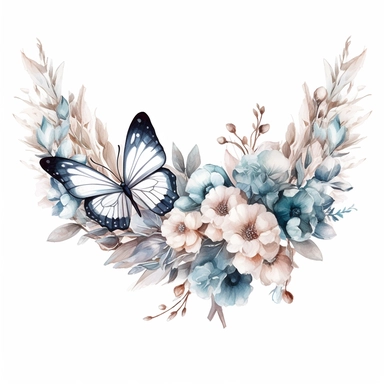 frosty white butterfly clipart with flower border, white background, watercolor, vector