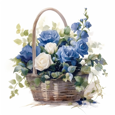 a simple gorgeous basket arrangement with blue rose flowers and greenery on white background clipart, png, watercolor painting realistic, high quality, vibrant, Vicente Romero Redondo, Willem van Aelst, Elsa Beskow