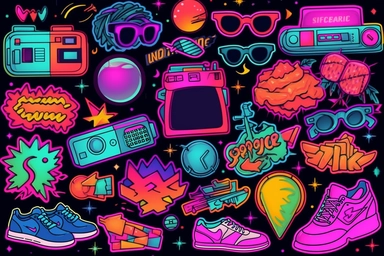Retro 80s 90s clipart set. Neon colors y2k fashion patch, badge, emblem, stickers.