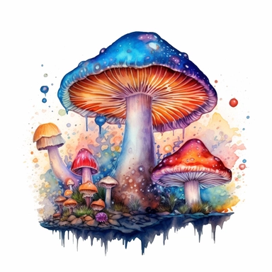 watercolor clipart, incredibly ornate magical mushrooms fairyland, isolated white background, 8k, beautiful colors vibrant, dreamy, elaborate cottagecore detailed fairy stars sparkles starry mushroom