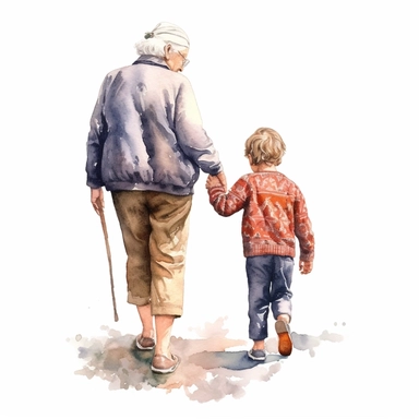 Cute Beautiful Grandma And grandson Is Going Full Body Back View Watercolor Clipart,Cartoon, hyper realistic, intricate detail, illustration style,high solution,on the white background