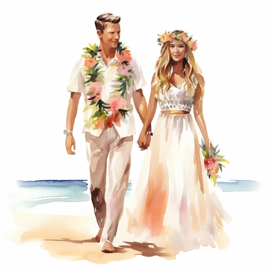 Watercolor wedding clipart of a bride in a beach wedding dress with a flower crown and a groom in a Hawaiian shirt