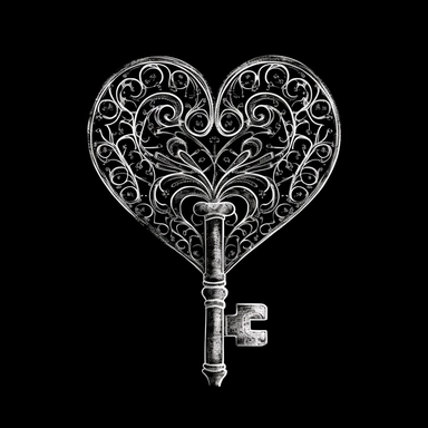 sketch clipart of a silhouette of a key and a heart, hd, white on black background, spaced out,--ar 3:2