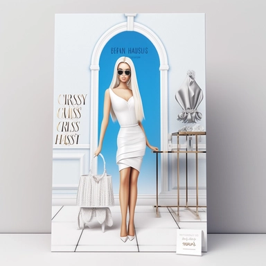 full view, clipart illustration, beautiful blonde lady posing dressed in white bodycon dress, standing in beautiful room with designer clothes on clothes rack and shopping bag, sharp focus, high detail, 8k, photo realistic, transparent background, (--iw 5)
