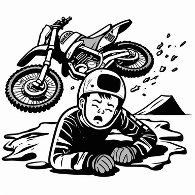 funny clipart of dirt bike on the ground and a guy laying down next to it, it looks like he just crashed his dirtbike and fell down, he looks worried, black and white, vector graphic, contour, simple, crash