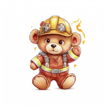 Cute Teddy Bear Clip Art, sticker, different move, wearing clothes, white background, 4K, Firefighter doing their job