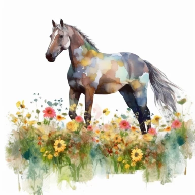 detailed watercolor clipart, photography style, beautiful horse, in a meadow, full body, spring floral,self shadow, white background