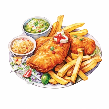 a delightful watercolor, hyper-realistic clipart image with a white background and white margins, showcasing a plate of crispy fish and chips. The ultra-detailed, hand-drawn elements capture the golden batter and tender fish. Use whimsical touches to add a sense of freshness, and bold shades of yellow and brown to evoke the comforting and satisfying nature of this classic fast food dish