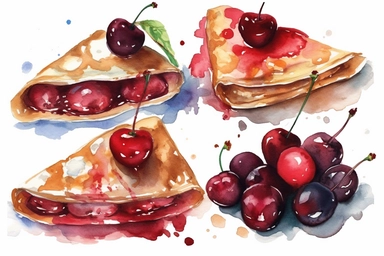 4 watercolor cherry crepe clipart, HD, isolated white background, spaced out