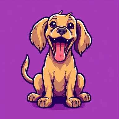 create a illustration clipart of a cute dog full body, happily barking funny, vibrant colours, solid purple background