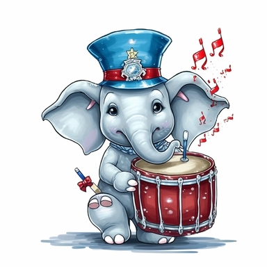 cute baby elephant as a marching band drummer, nursery wallpaper clipart naive art
