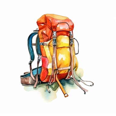 a minimal watercolor clipart of a climbing backpack, white background