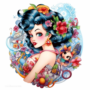 design cover tattoed junko mizuno, disney films,paint style, pin up 50's style,clipart,white background
