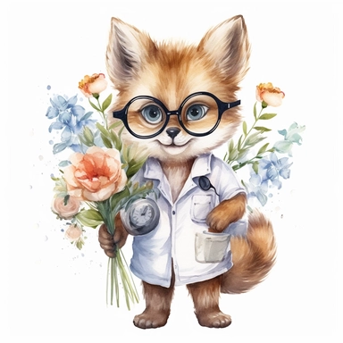 watercolor clipart, white background, cute baby fox, smile, in style doctor, In a doctor's white coat, in glasses, in the paws a bouquet of flowers, high solution